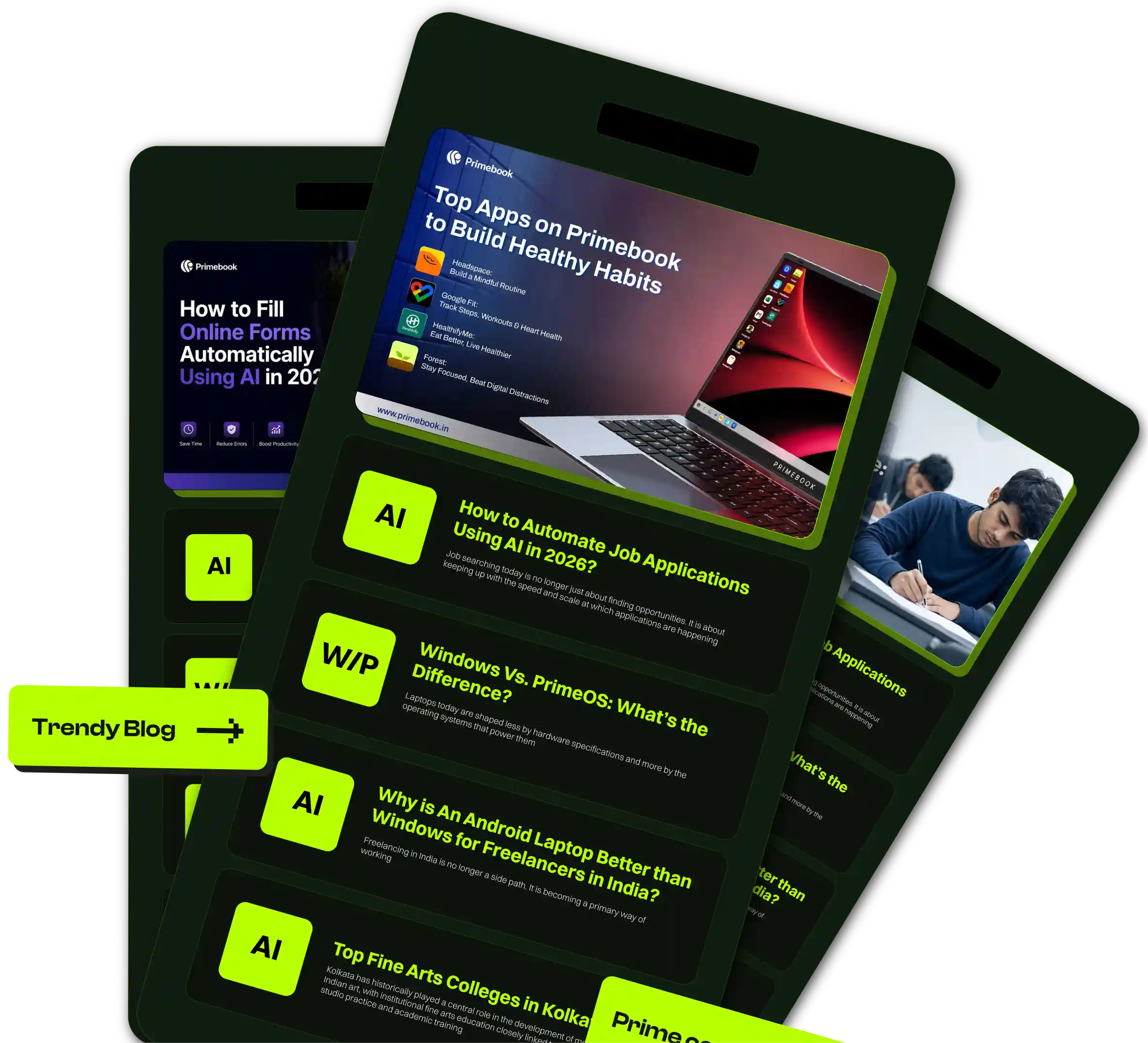 Primebook blog articles previewed across tilted phone screens
