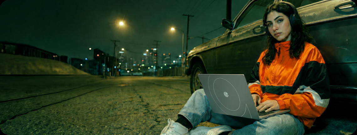 Young woman in an orange jacket sitting beside a car at night, working on a Primebook laptop