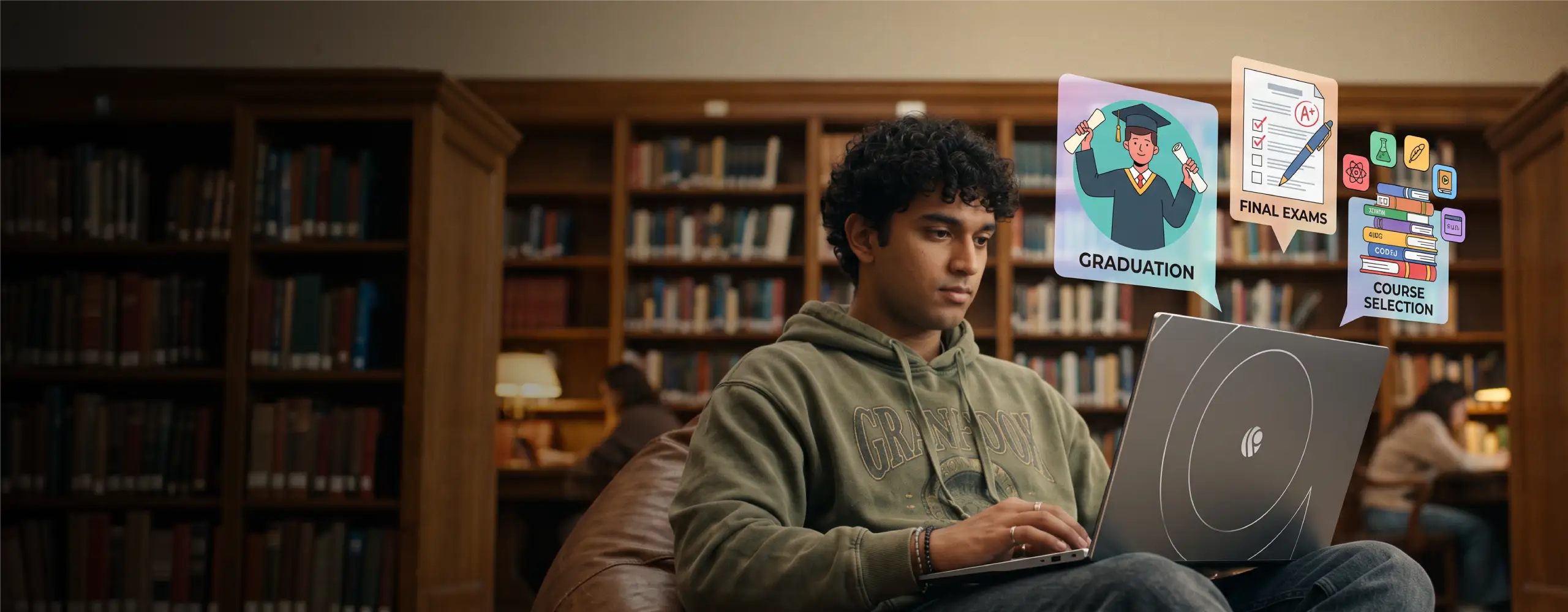 Student in a library working on a Primebook laptop, with Graduation, Final Exams and Course Selection cards floating beside him