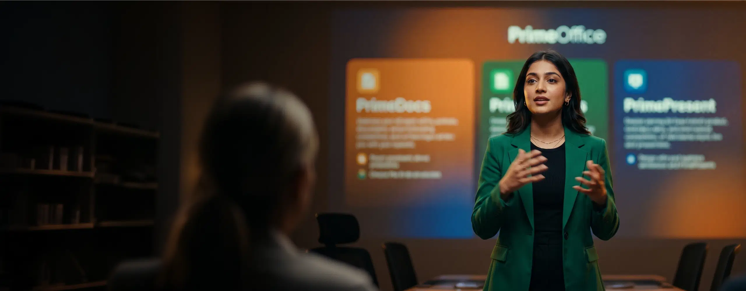 Presenter on stage introducing PrimeOffice with PrimeDocs and PrimePresent on the screen behind her