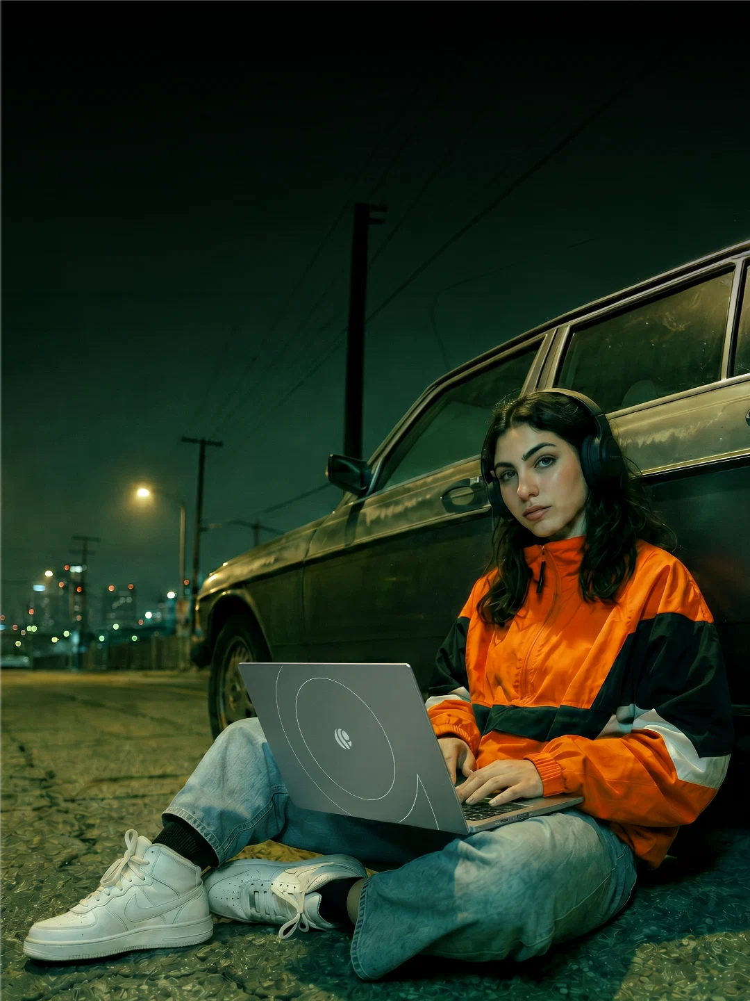 Young woman in an orange jacket sitting against a car at night, working on a Primebook laptop
