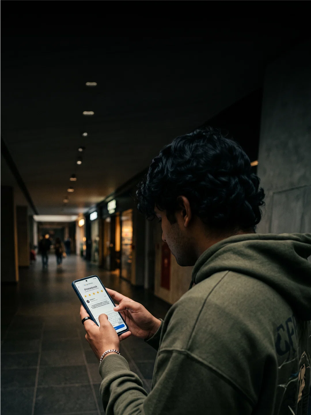 Man in a hoodie reading a five-star Primebook review on his phone in a dim corridor