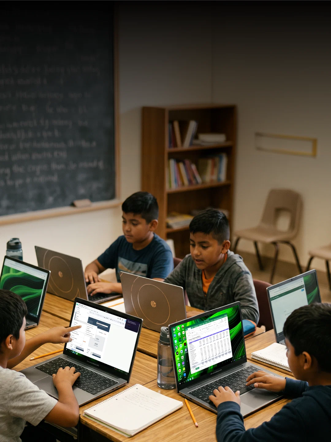 Children working on Primebook laptops around a classroom table with notebooks and pencils