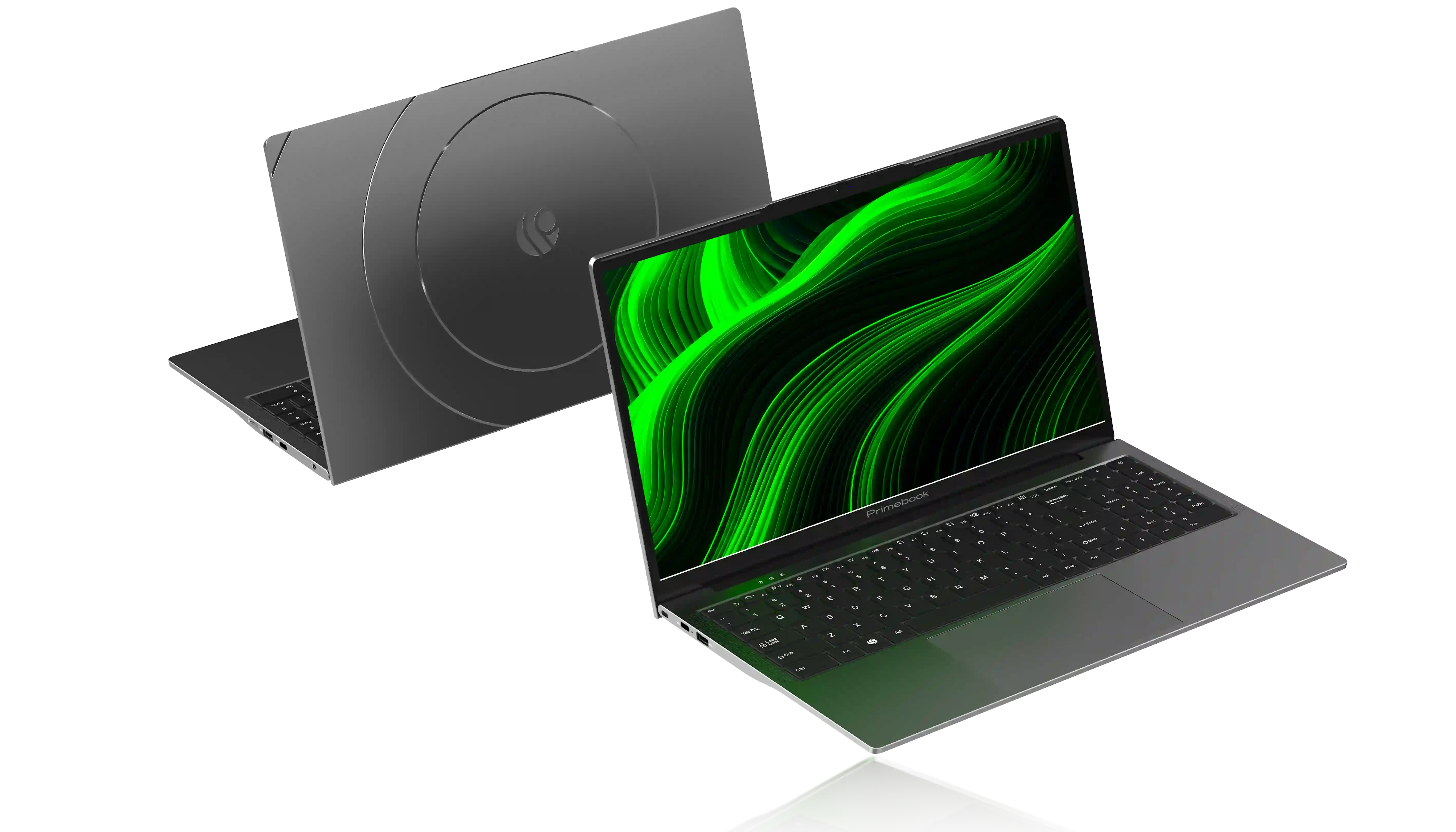 Two Primebook laptops, front and back view