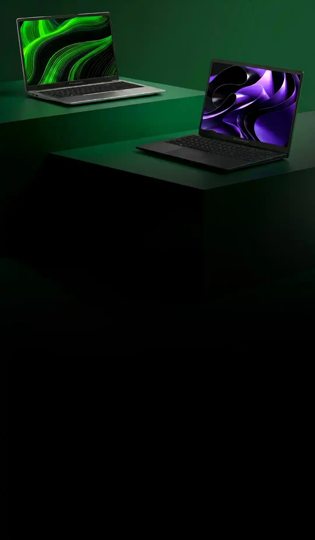 Two Primebook laptops on neon green pedestals
