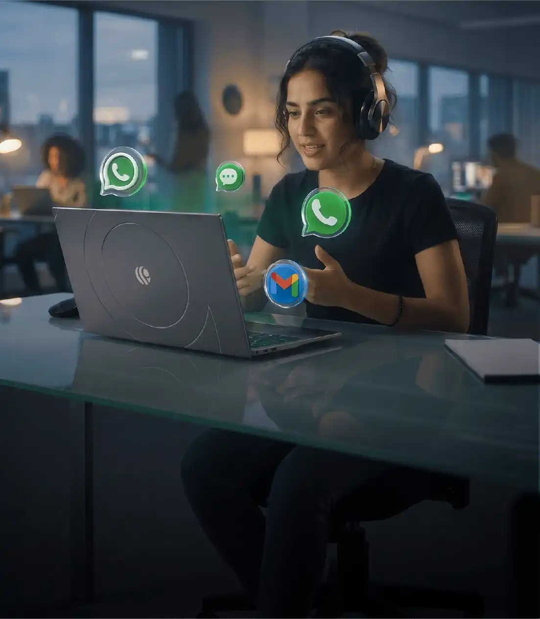Primebook customer support — woman with headphones using Primebook laptop