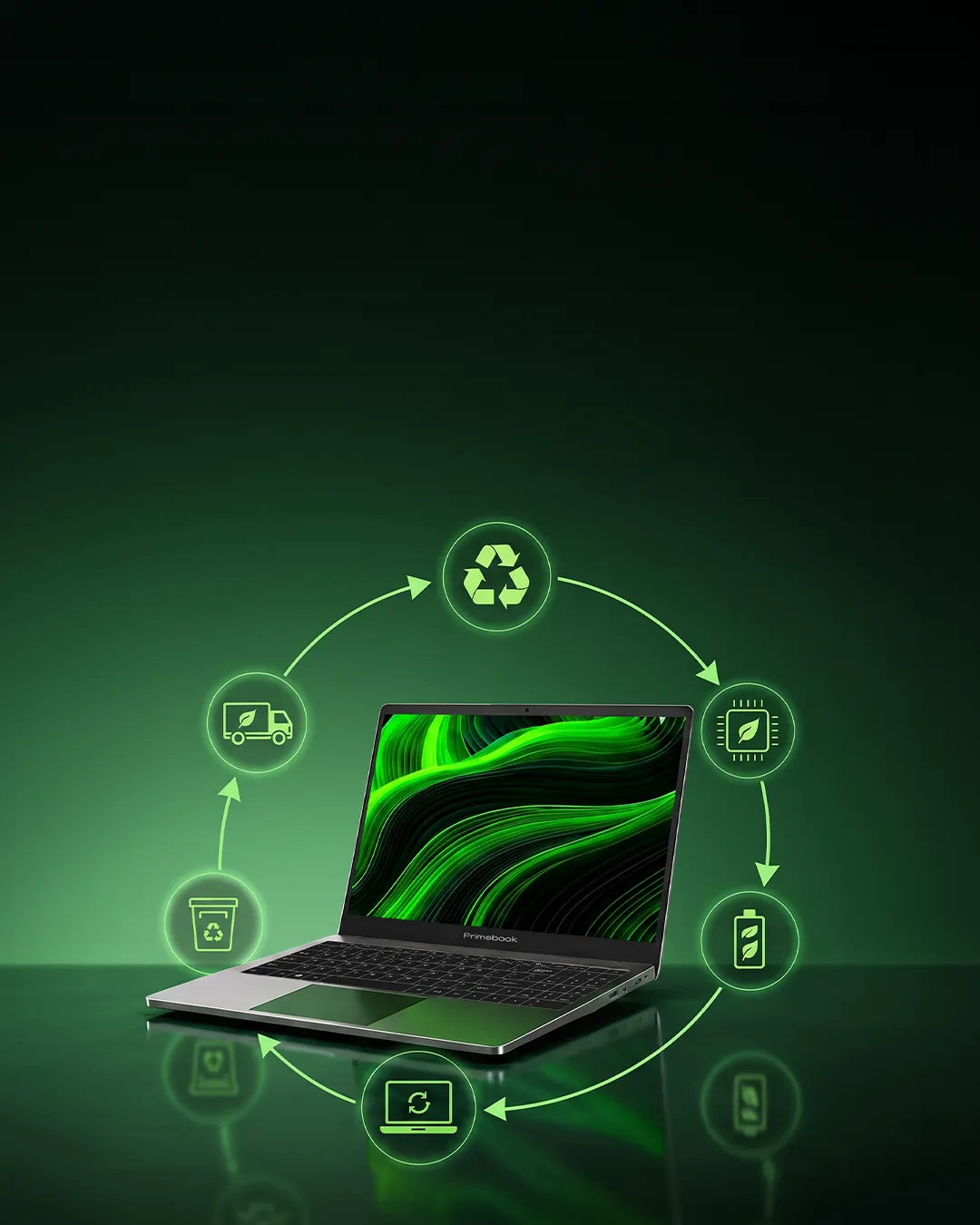A Primebook laptop encircled by neon recycling, eco-chip, battery and delivery icons representing the e-waste recycling lifecycle