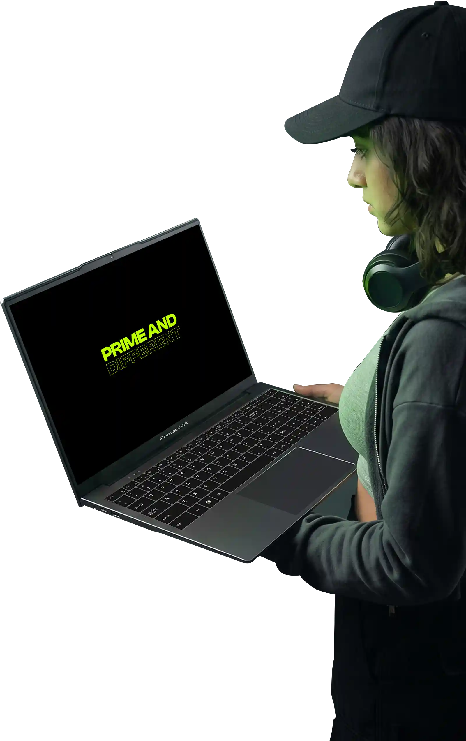 Person holding a Primebook laptop displaying the tagline Prime and Different