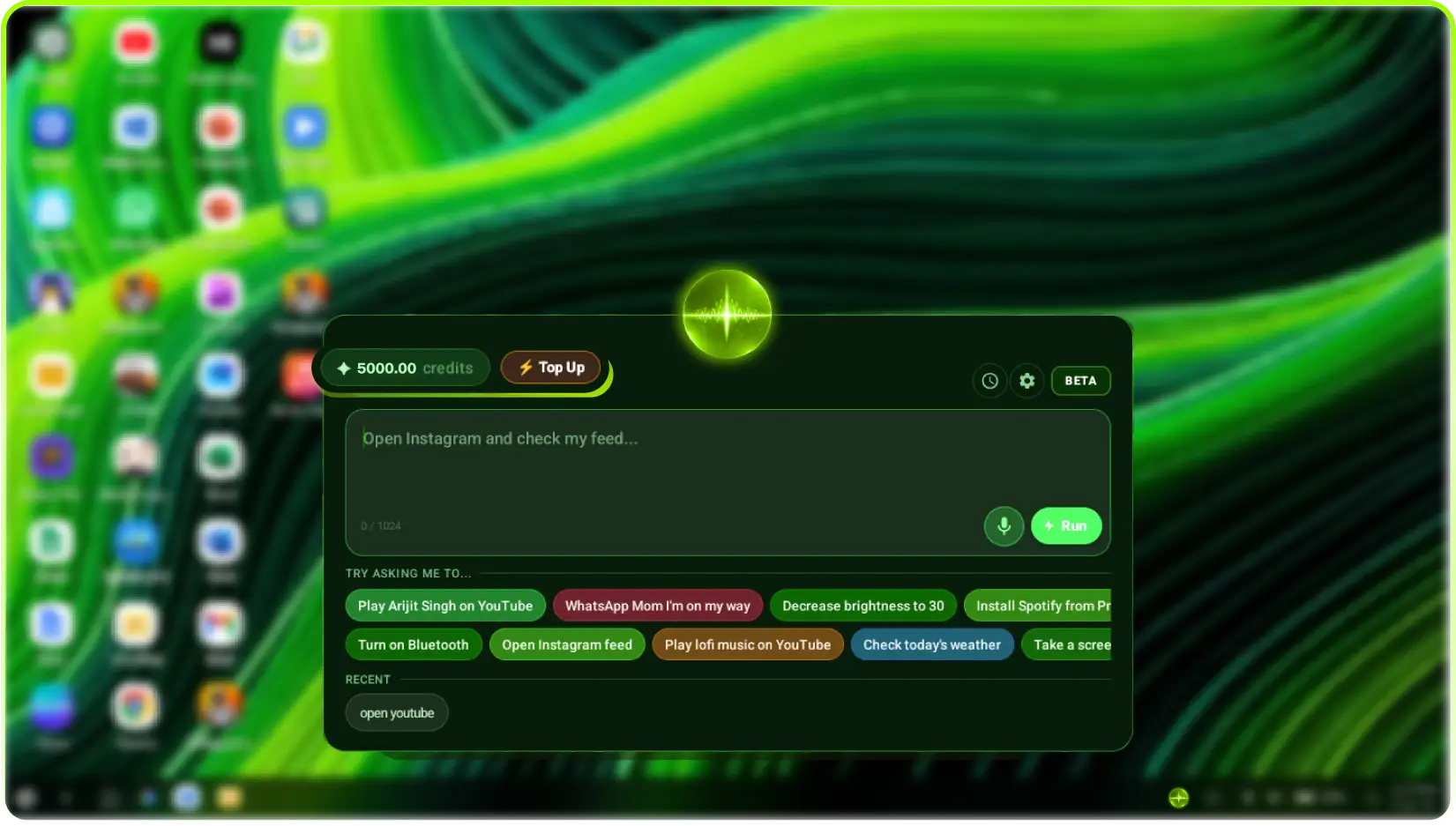 PrimeAGNT prompt panel showing 5,000 AI credits and a Top Up button on a Primebook screen