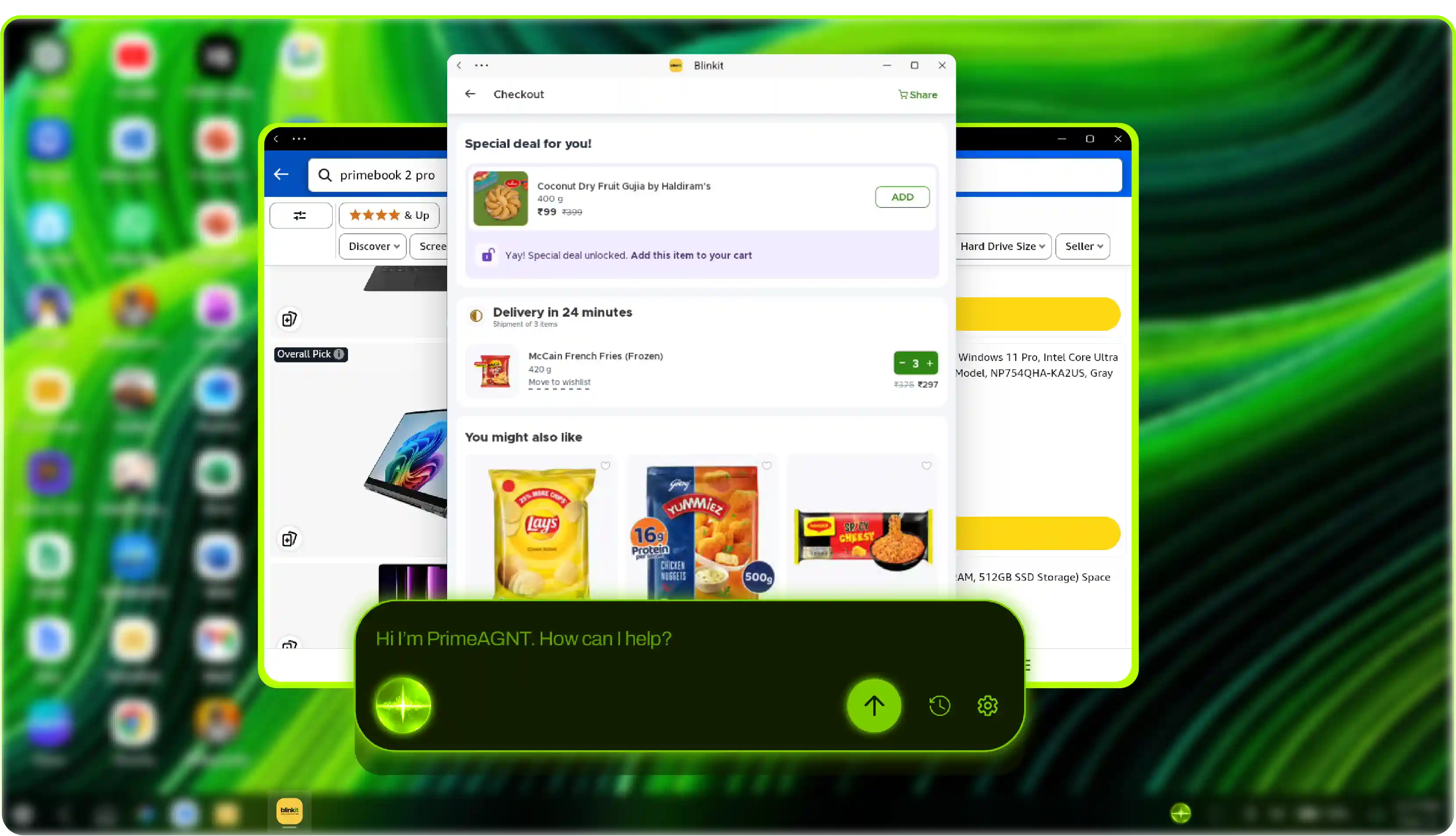 PrimeAGNT completing a grocery checkout on a Primebook screen