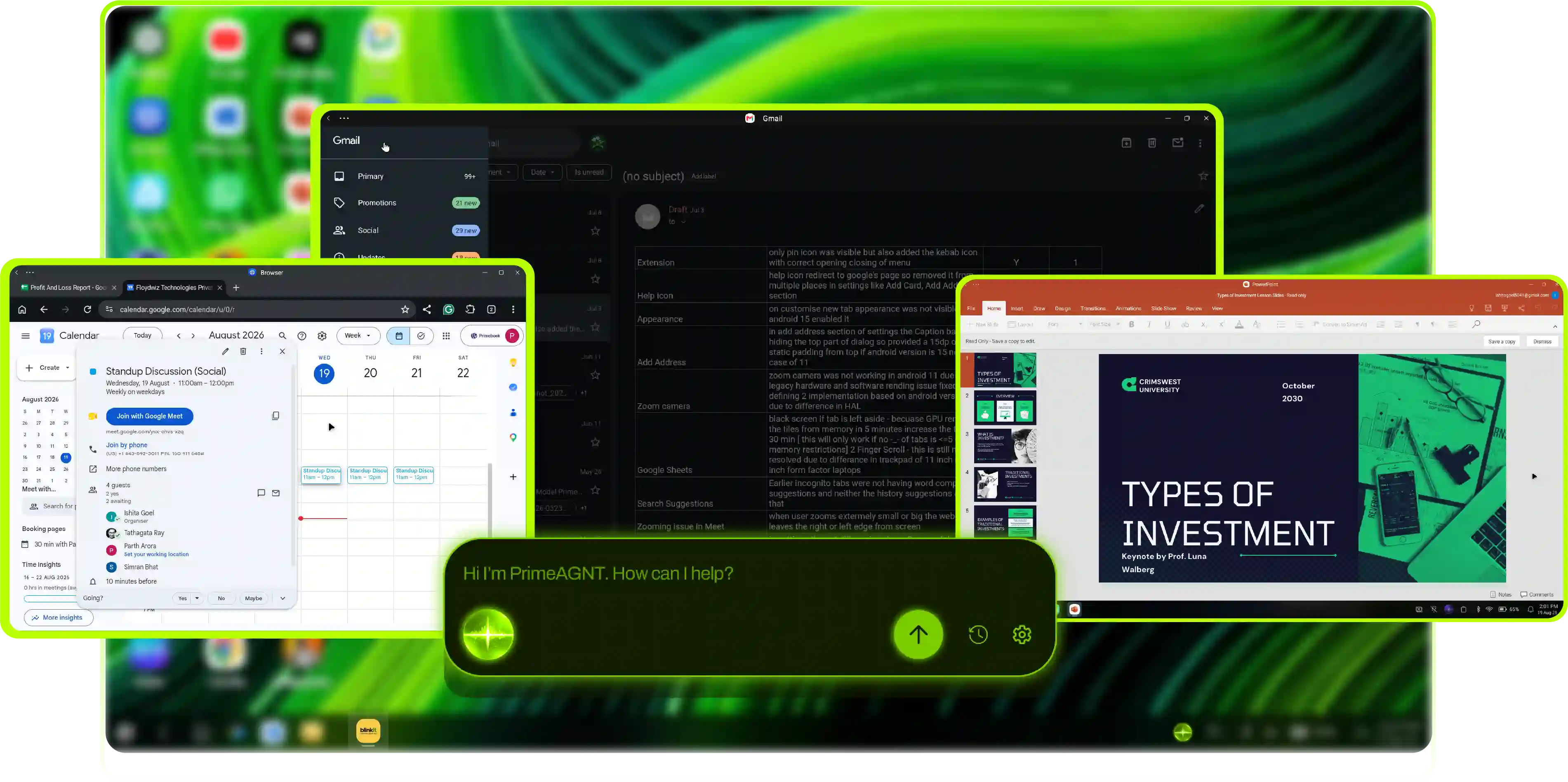 PrimeAGNT drafting an email, scheduling a meeting and building a slide deck on a Primebook screen
