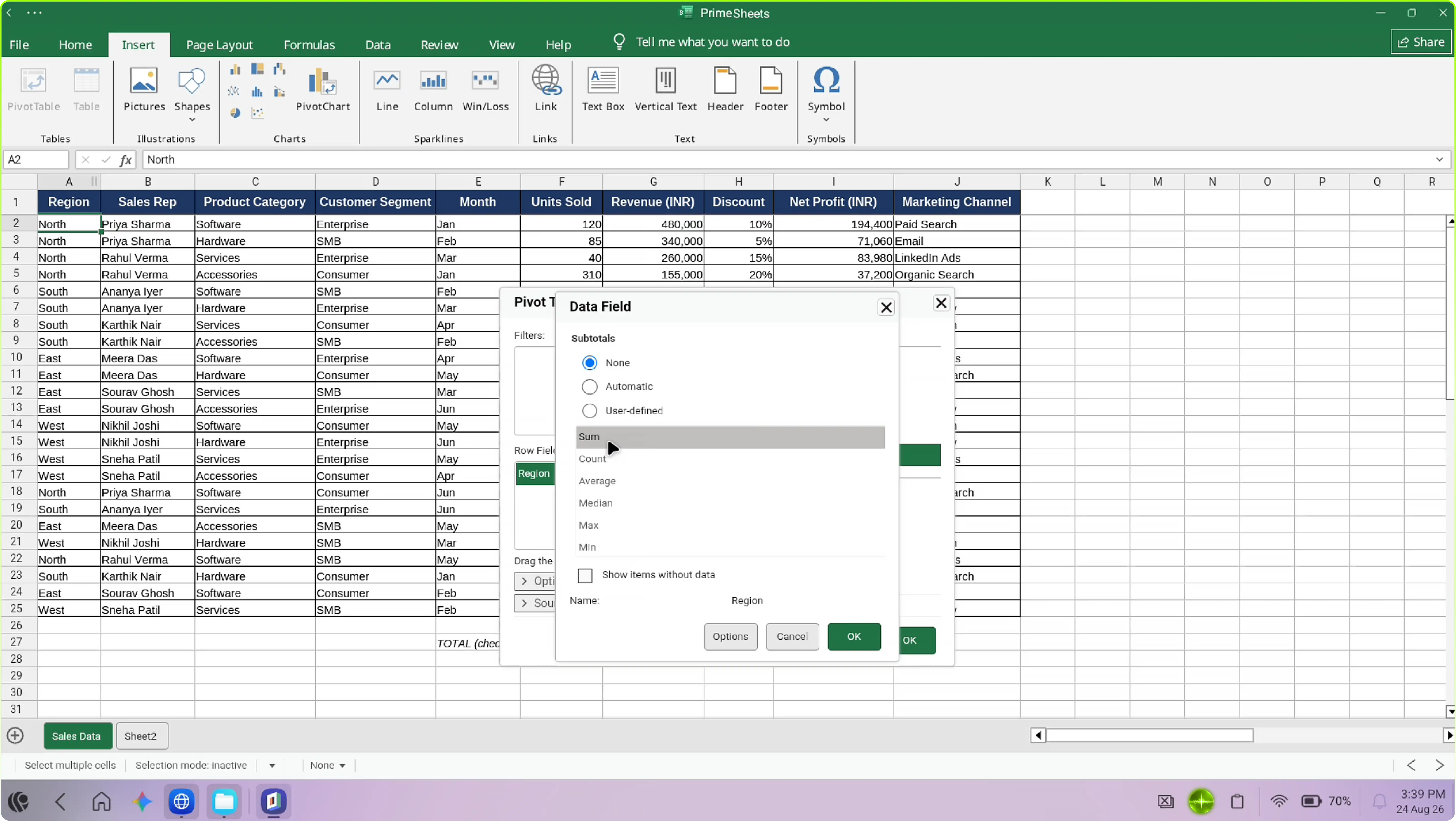 PrimeSheet building a pivot table from sales data on PrimeOS