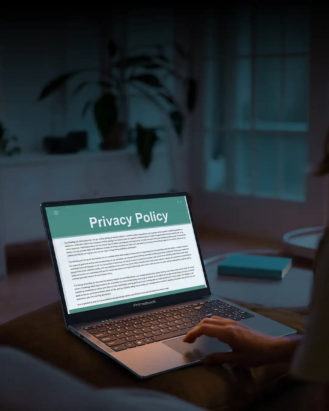 A person using a Primebook laptop on a sofa at night, the screen showing a Privacy Policy page
